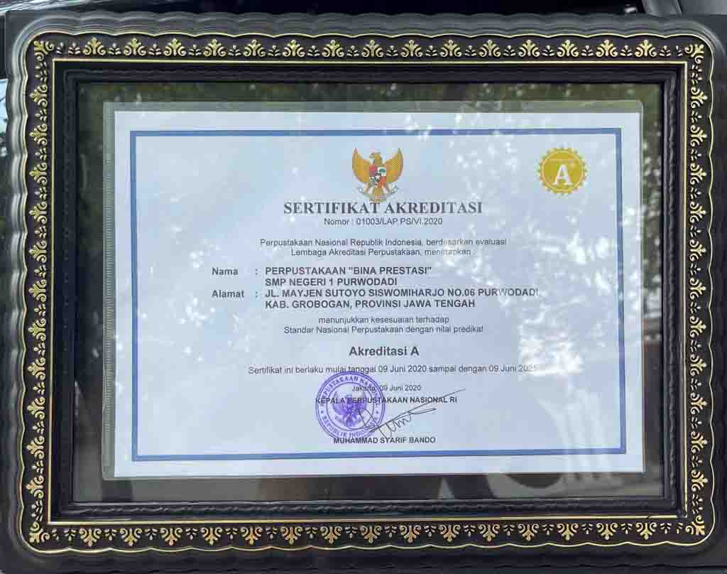 Sertifikat Akreditasi Perpustakaan SMPN 1 Purwodadi
